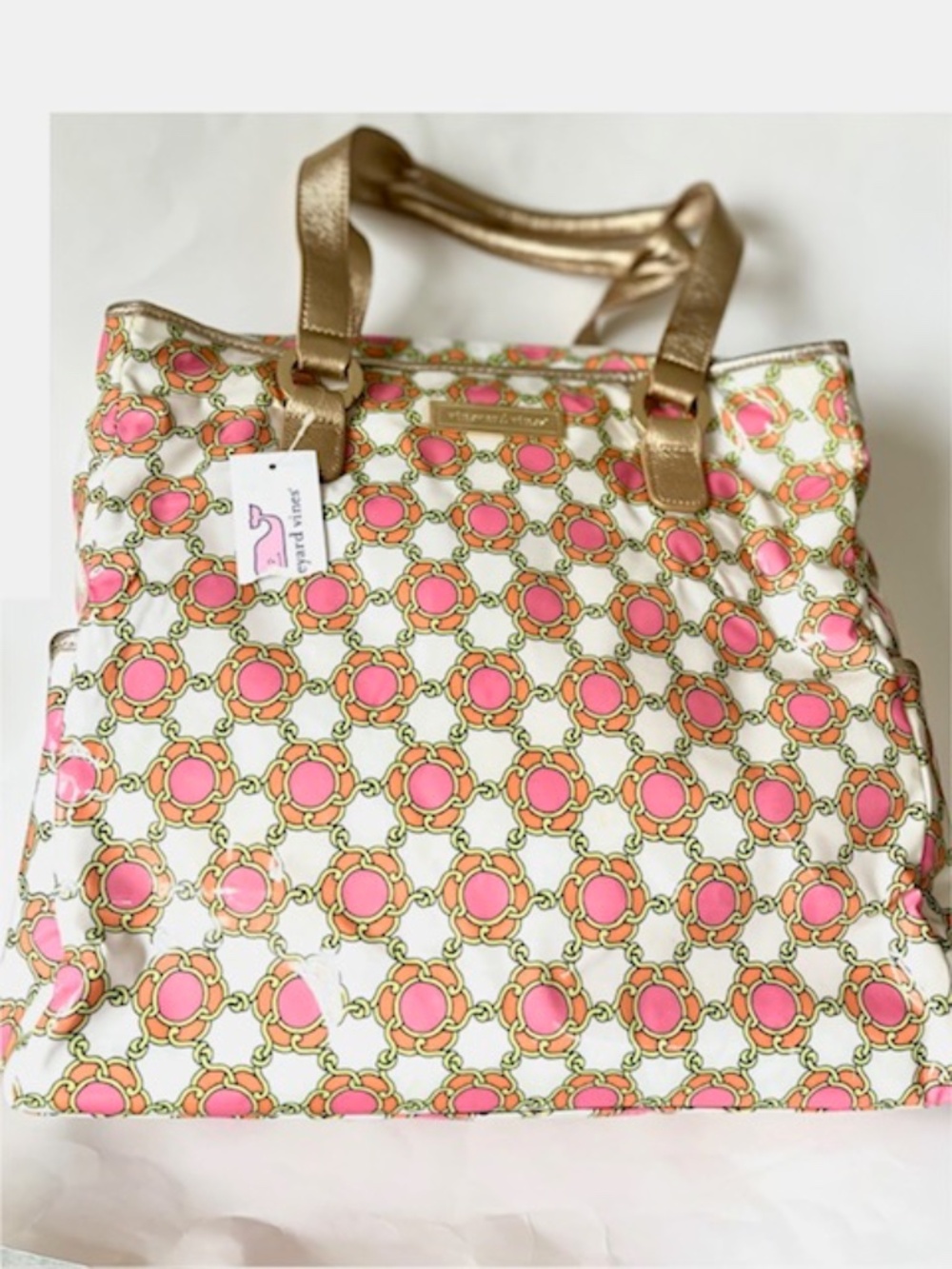Vineyard Vines Vinyl Zippered Tote-Pink and Orange with Gold Straps NWT